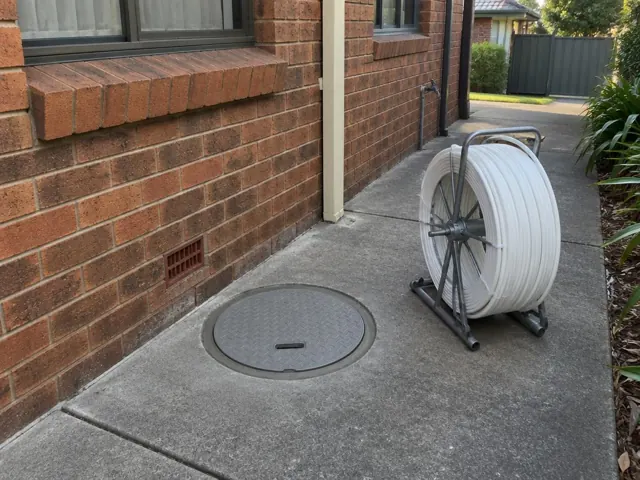 Circular capped access cover set flush in a concrete side path beside a brick house in St Johns Park