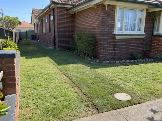 Backyard lawn beside a brick house with a capped sewer access cover and repaired trench lines in Cabramatta